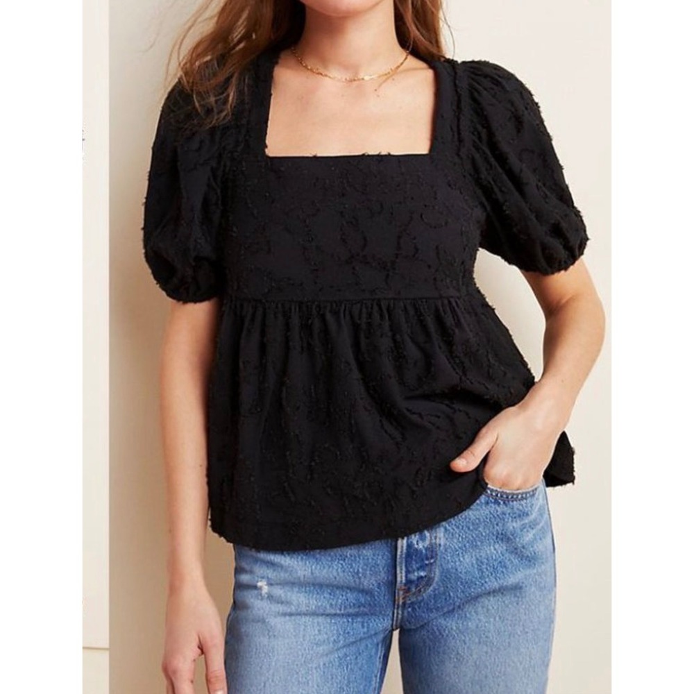 Maeve Anthropologie Batia Textured Babydoll Blouse Black Puff Sleeve XS